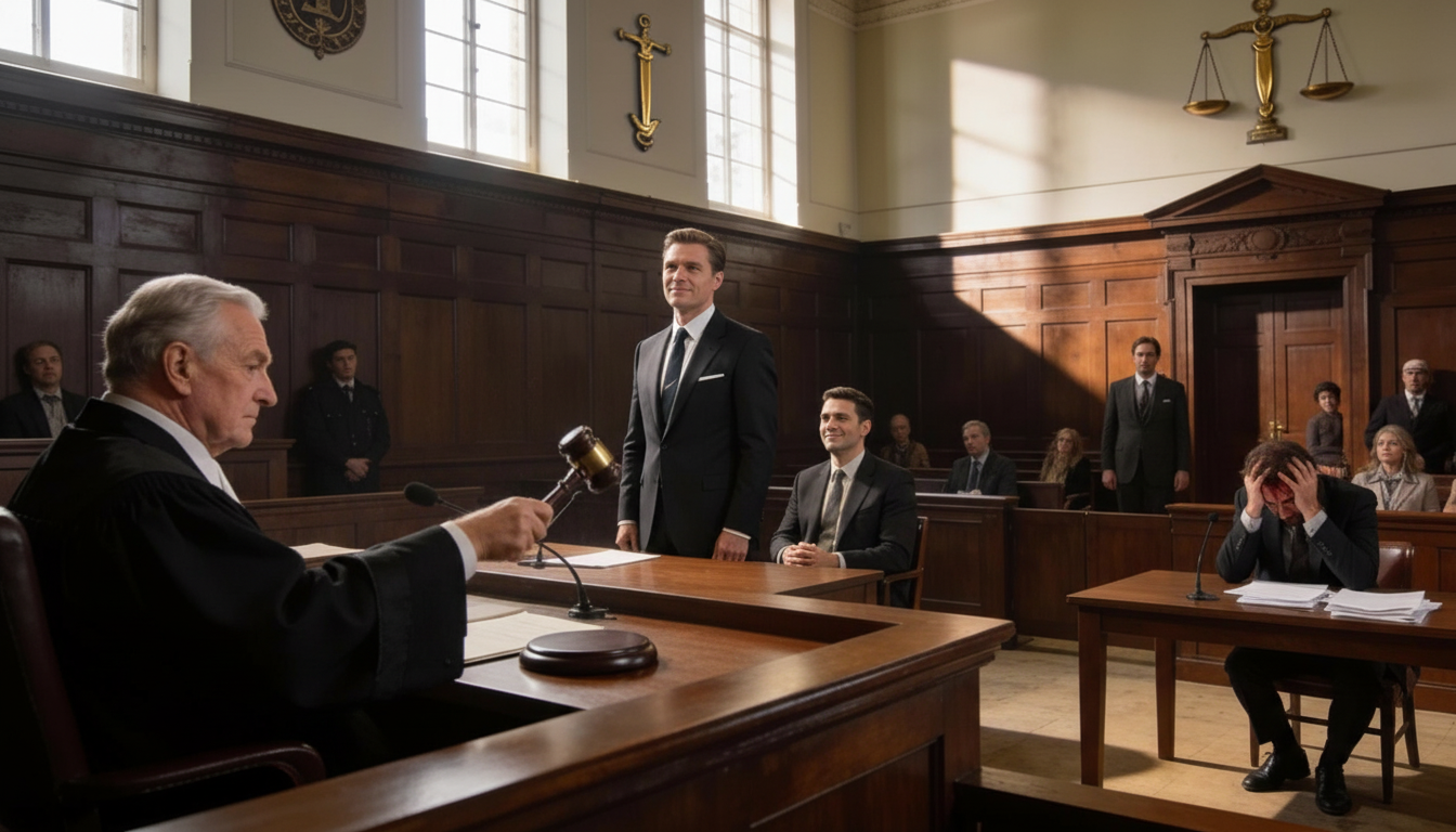 Elite attorney achieving courtroom victory, exemplifying emotional regulation and strategic precision under adversarial pressure