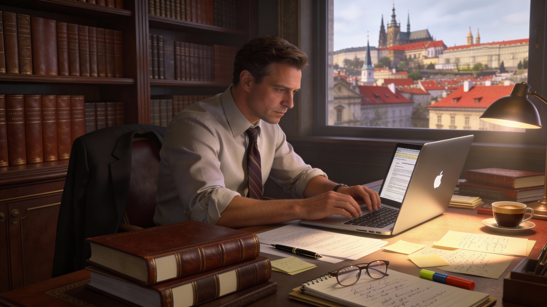 Elite attorney in deep preparation mode, demonstrating sustained focus and memory encoding during intensive legal research