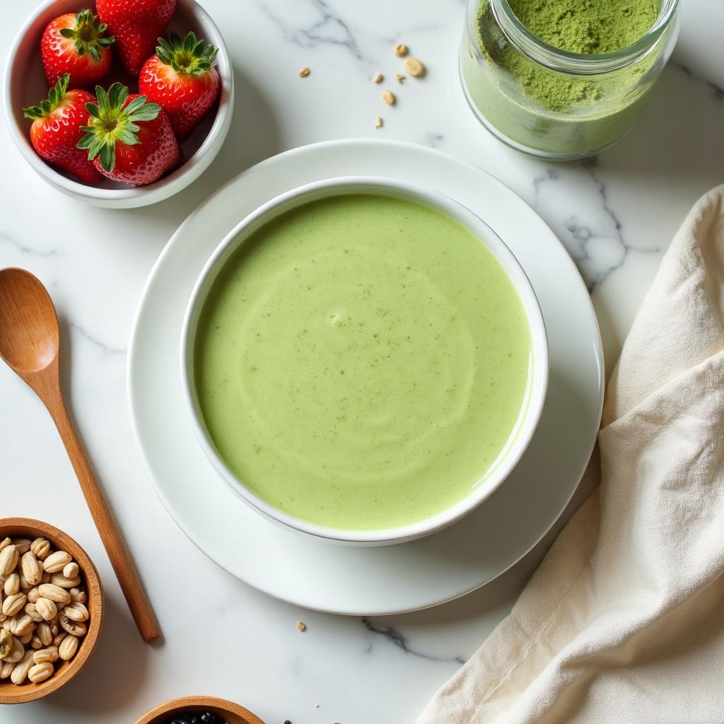 Clean and appetizing breakfast flat lay with light green wolffia smoothie and fresh ingredients