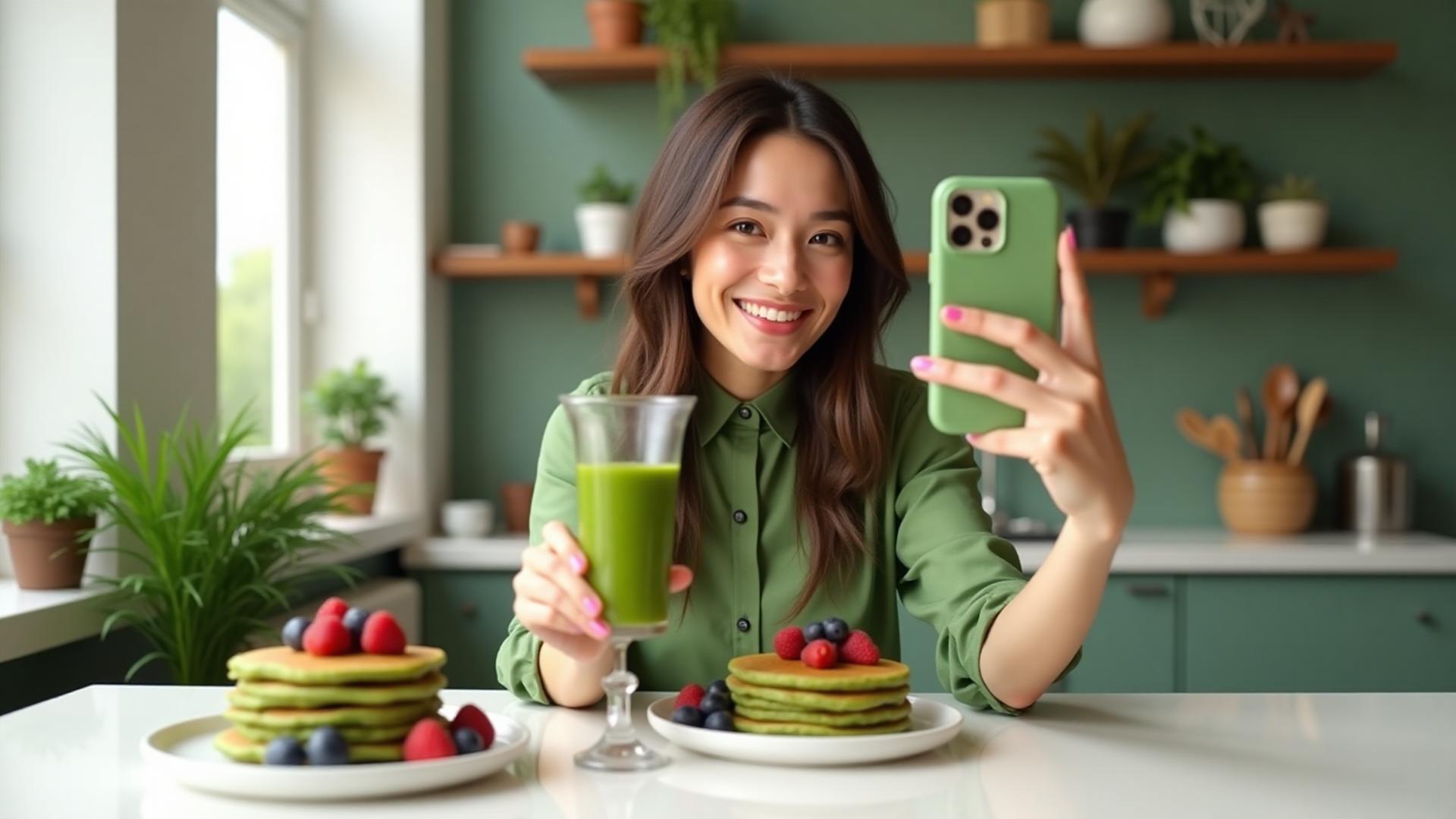 Lifestyle influencer creating beautiful Wolffia smoothie bowl content