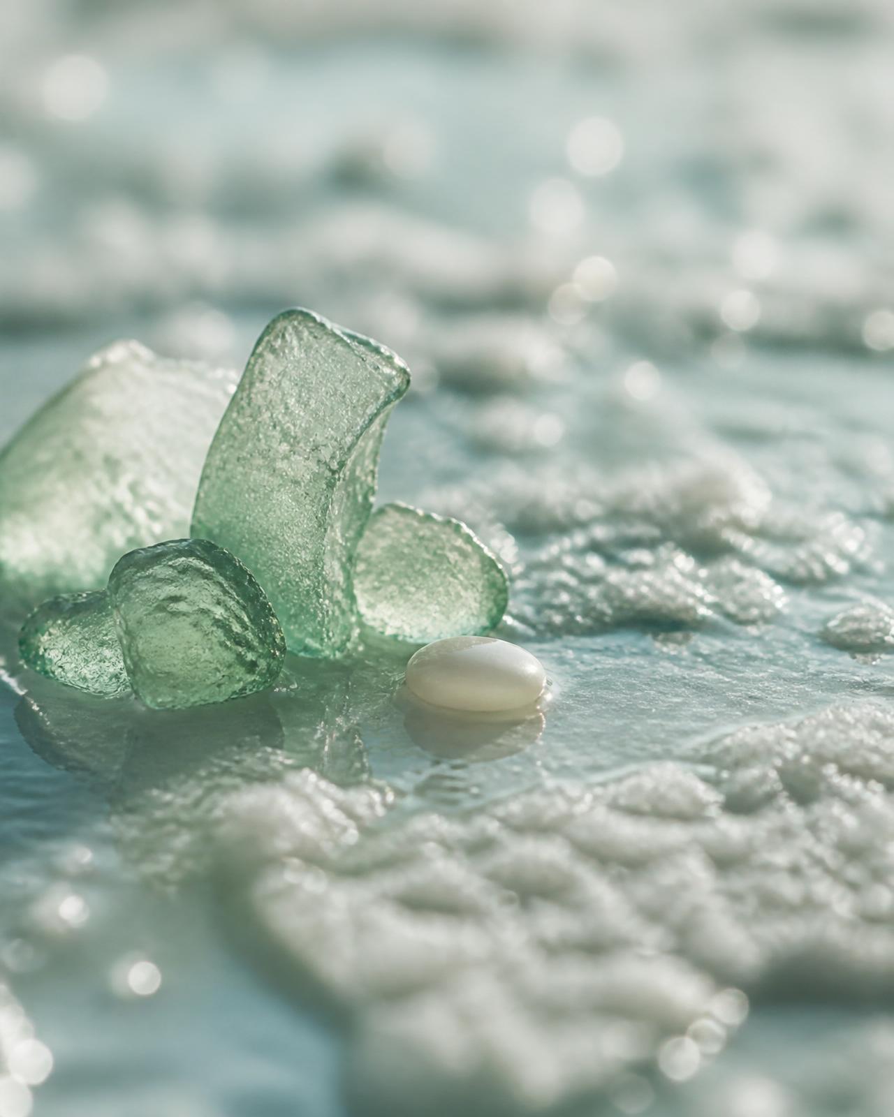 Sea-glass fragments and a pearl of ferment on a wet Mallorcan salt-crust surface.