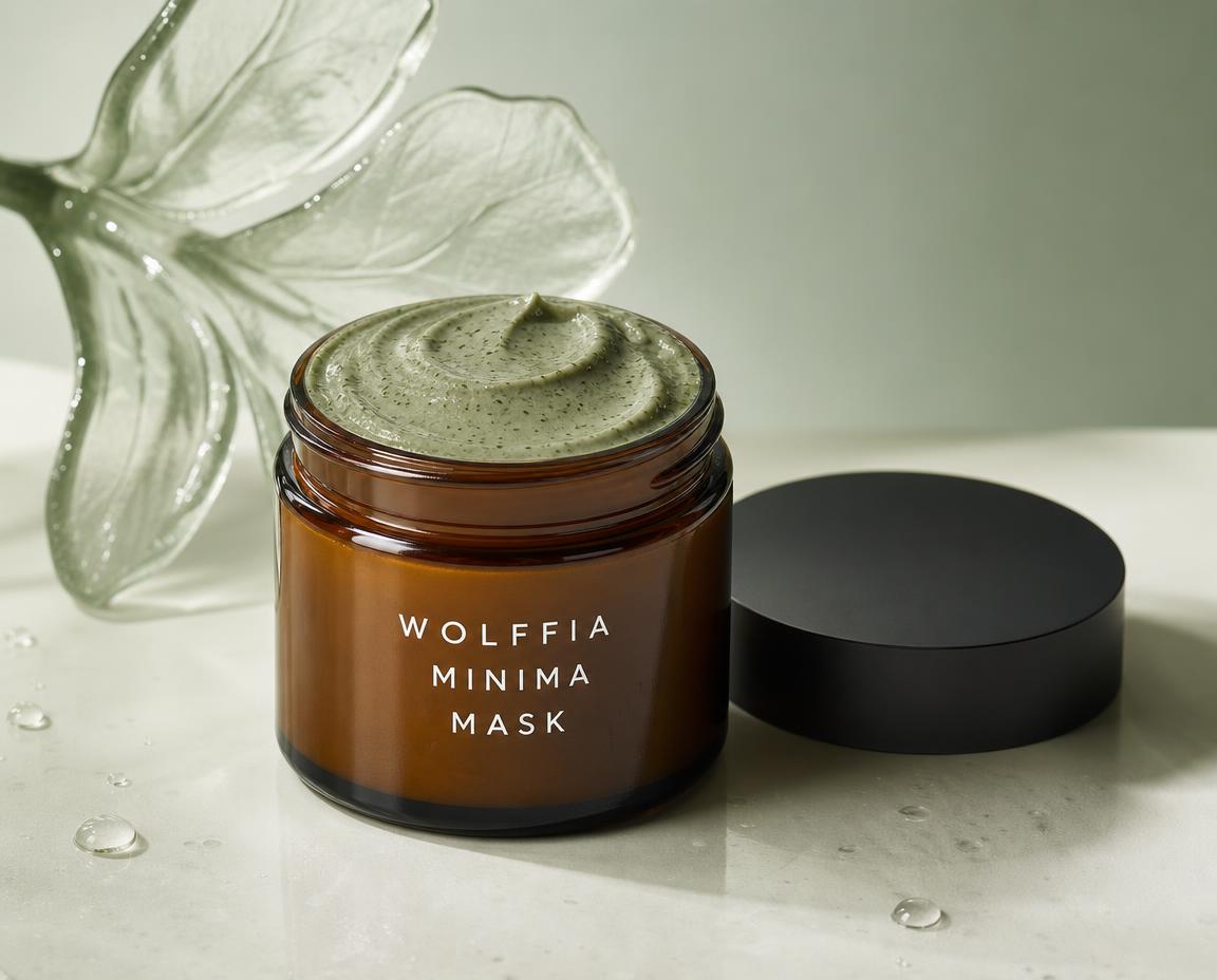 A frosted-glass apothecary jar of Wolffia Minima Mask on sculpted green stone.