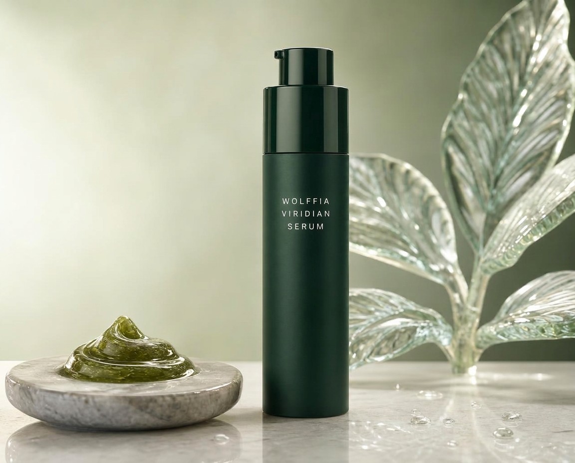 A translucent viridian airless serum bottle with a silver collar and a single water droplet on its shoulder.